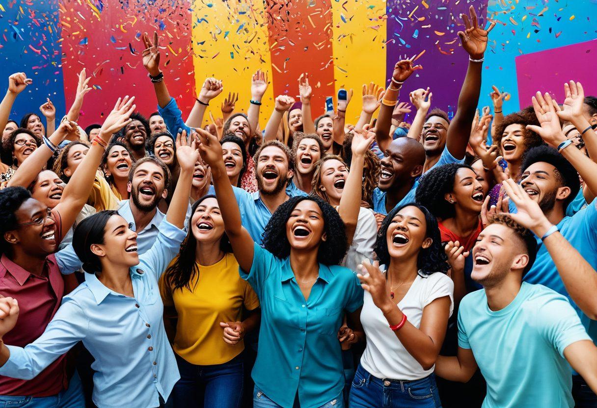 A vibrant collage of live events and virtual gatherings, featuring a diverse group of people enjoying music festivals, art exhibitions, and online celebrations. Include elements like colorful confetti, digital screens showcasing virtual concerts, and joyful expressions. The scene should radiate happiness and connection, highlighting the joy of shared experiences. super-realistic. vibrant colors. 3D.