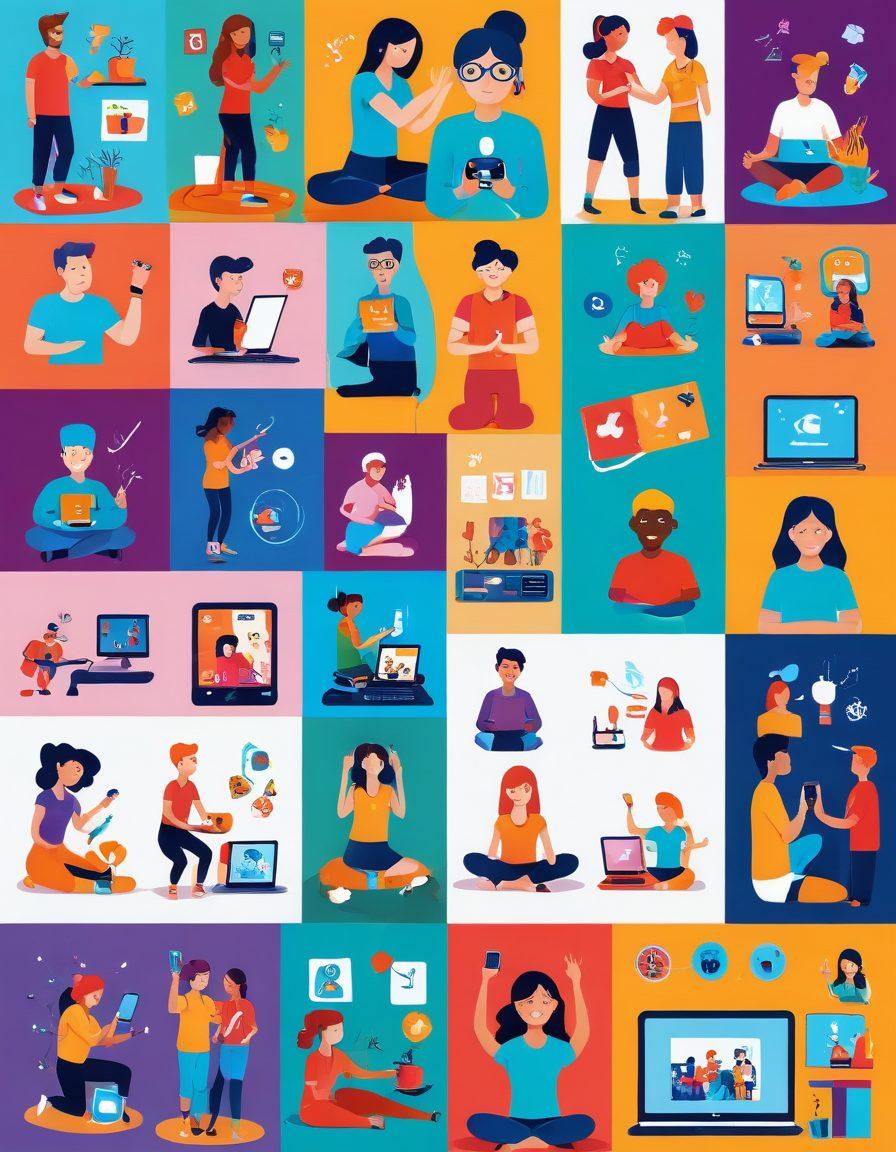 A vibrant collage depicting various joyful experiences online, featuring people of diverse backgrounds engaging in activities like virtual gaming, yoga classes, cooking, and art workshops on colorful digital devices. Include elements like bright screens, cheerful expressions, and playful digital icons. The background should be lively and energetic, symbolizing a sense of community and fun. colorful illustration. vibrant colors. soft gradient background.