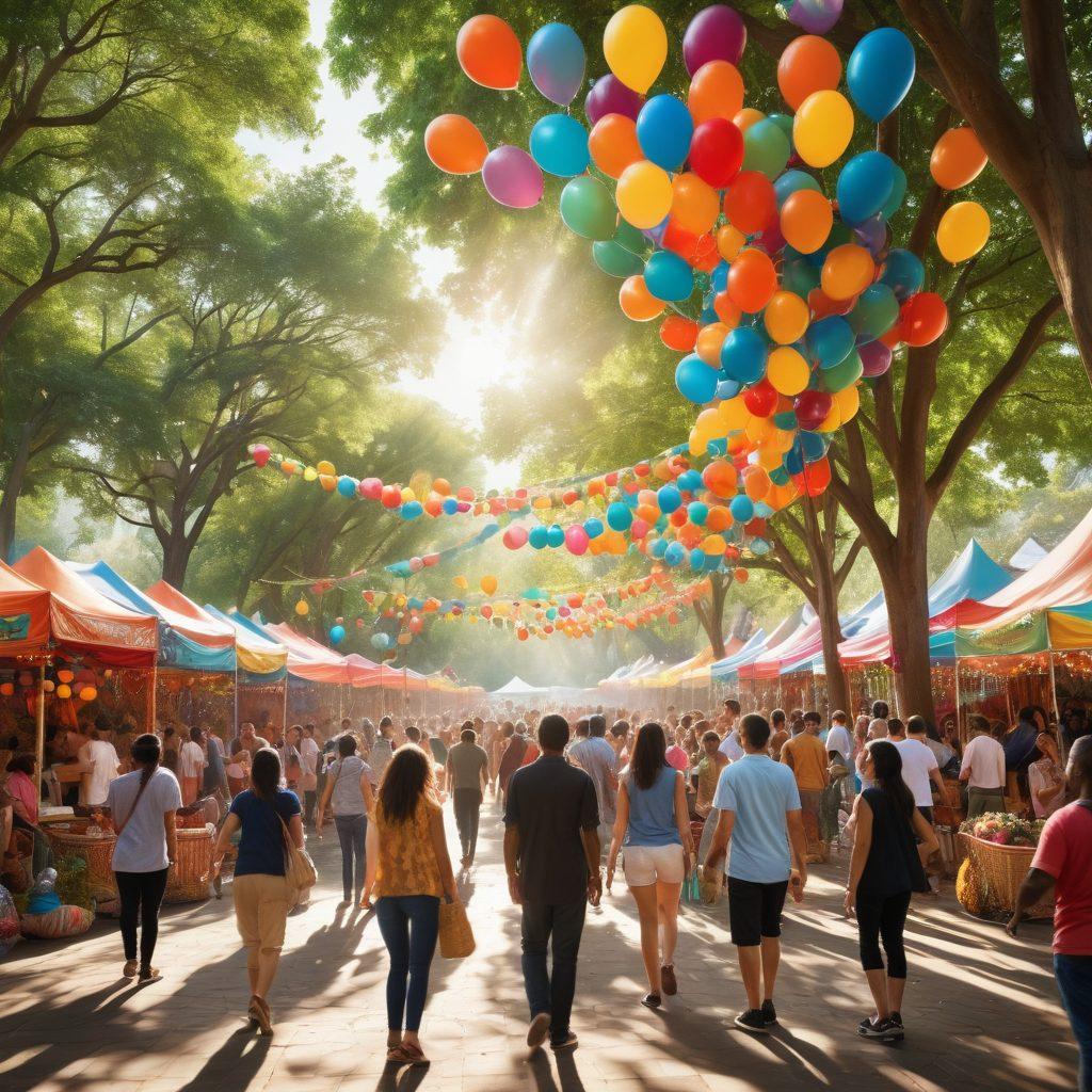 A vibrant community gathering scene highlighting diverse groups of people joyfully interacting at various interactive events, such as a colorful festival, games, and art displays. Lively decorations, shared laughter, and festive elements like balloons and banners enhance the atmosphere. The background features an urban park filled with greenery and sunlight. super-realistic. vibrant colors. dynamic composition.